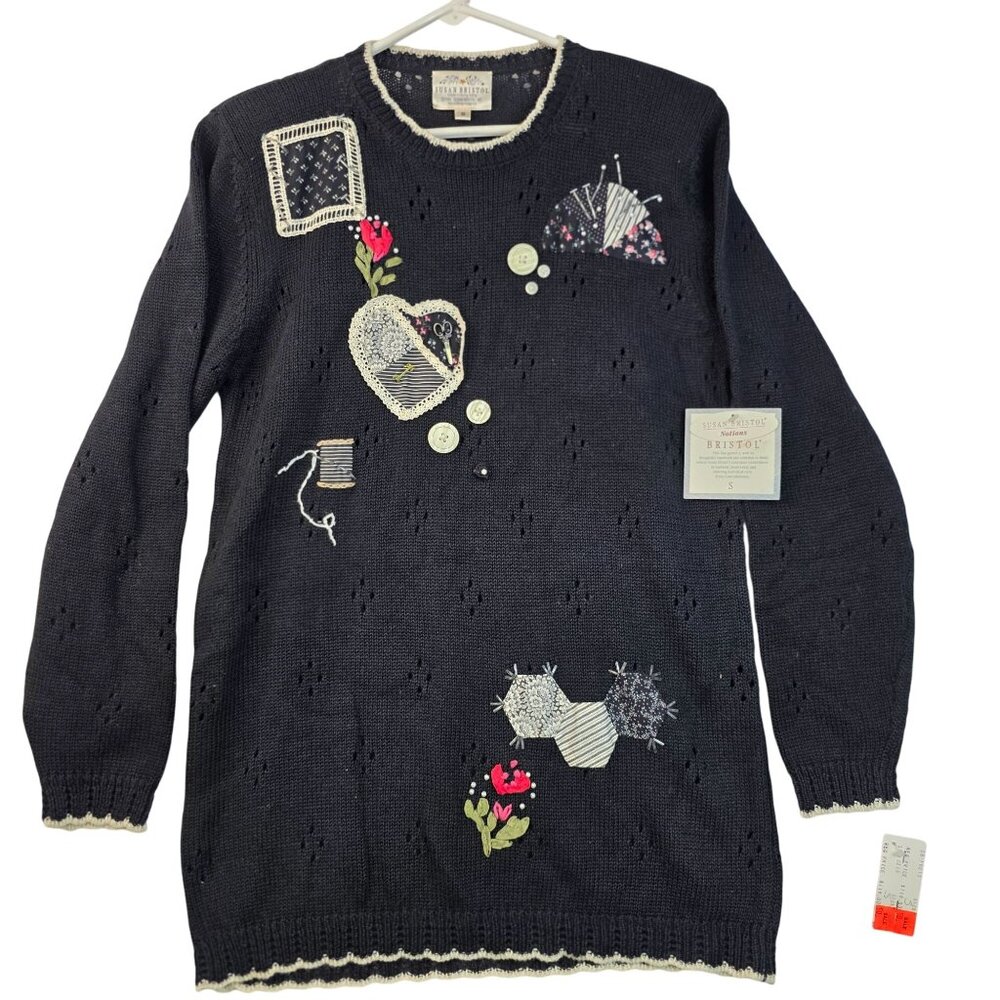 Susan Bristol 92 Hand-Embroidered Small Navy Sweater Patchwork Sew Deadstock
